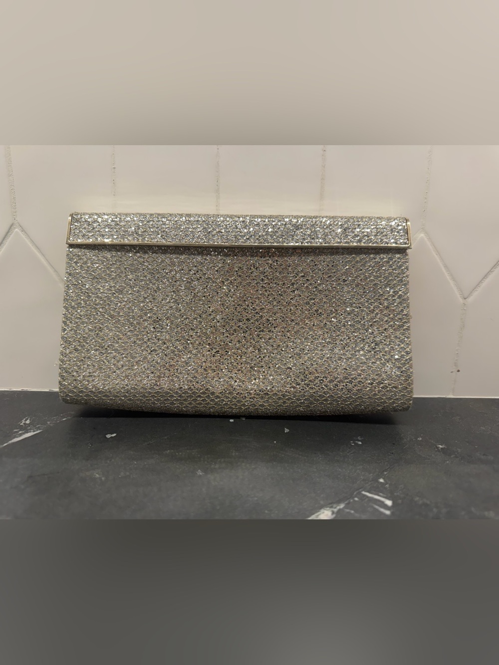 Jimmy Choo Emmie Silver Fine Glitter Leather Clutch Bag